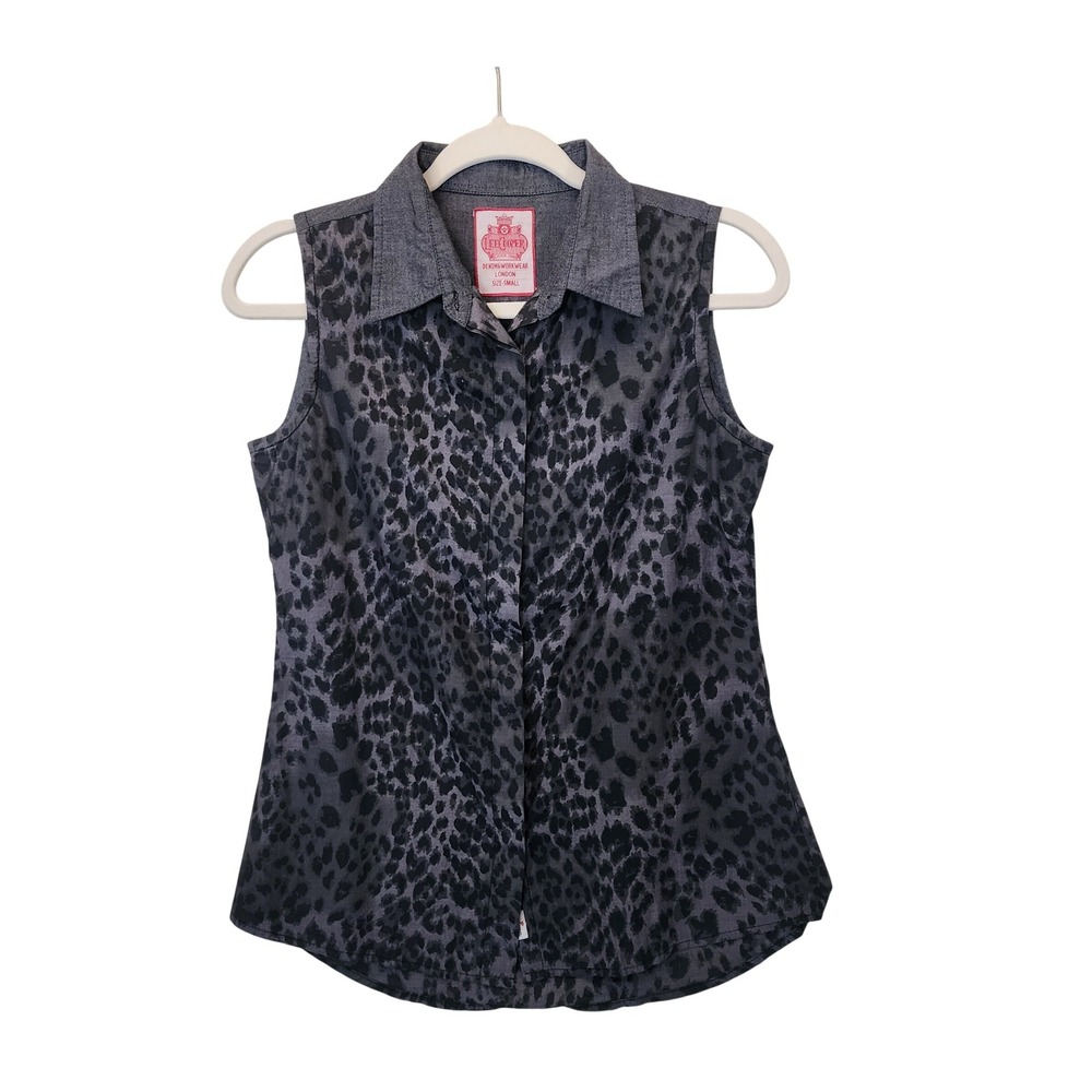 Lee Cooper London Womens Small Sleeveless Button Down Shirt Grey Leopard Print